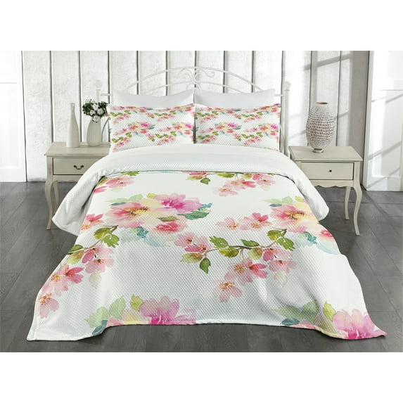Ambesonne Shabby Flora Quilted Bedspread Set 3 Pcs, Watercolor Petals, Queen Size, Pale Pink Fern Green