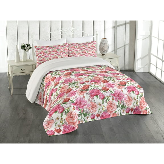 Ambesonne Shabby Flora Quilted Coverlet 3 Pcs, Spring Garden Roses, King Size, Pale Pink Hot Pink