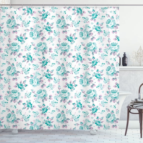Ambesonne Shabby Flora Shower Curtain, Pastel Roses Leaves, 69"Wx70"L, Seafoam White