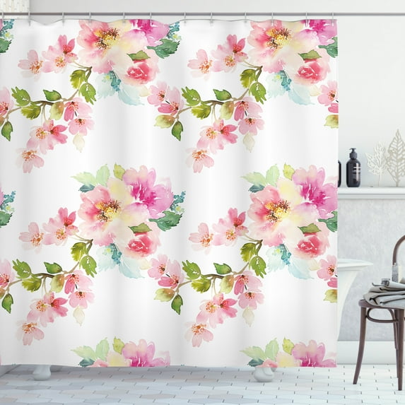 Ambesonne Shabby Flora Shower Curtain, Watercolor Petals, 69"Wx70"L, Pale Pink Fern Green