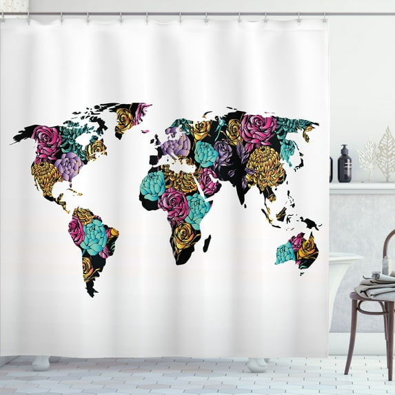 Ambesonne Shabby Flora Shower Curtain, World Map Flowers, 69"Wx84"L, Multicolor
