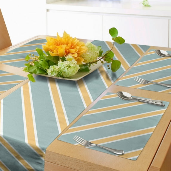Ambesonne Shabby Flora Table Runner & Placemats, Bold Thin Stripes, Placemat 4 pcs + Runner 16"x90", Almond Green Apricot