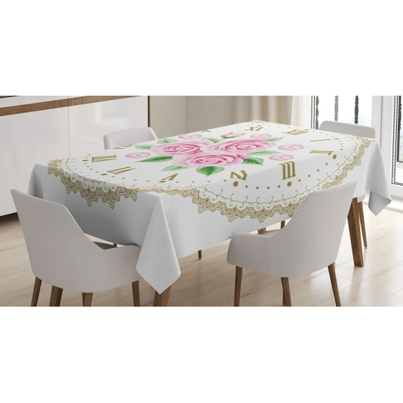 Ambesonne Shabby Flora Tablecloth Rectangular Table Cover, Vintage Clock Roses, 60"x90", Dark Khaki Pale Pink