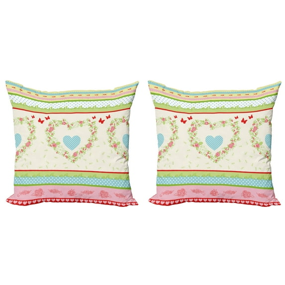 Ambesonne Shabby Flora Throw Pillow Cover 2 Pack, Country Rose Hearts, 16", Multicolor