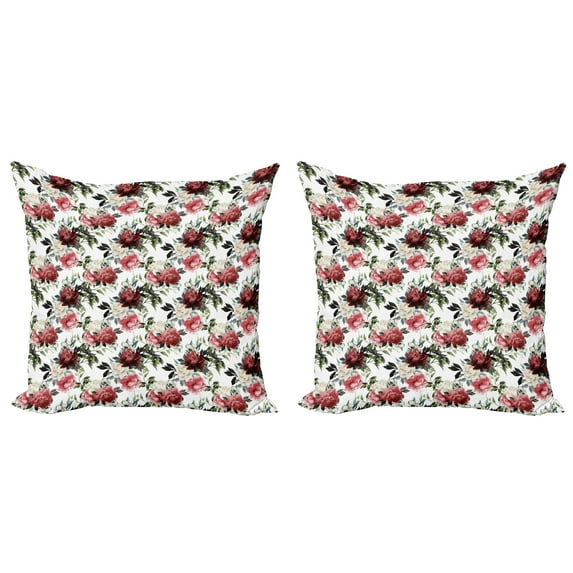 Ambesonne Shabby Flora Throw Pillow Cover 2 Pack, Flower Roses Buds, 24", Olive Green Maroon