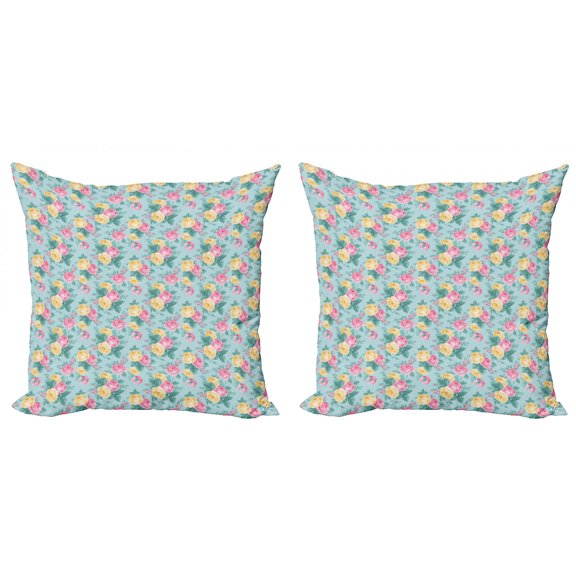 Ambesonne Shabby Flora Throw Pillow Cover 2 Pack, Summer Roses Bridal, 16", Turquoise Pale Pink