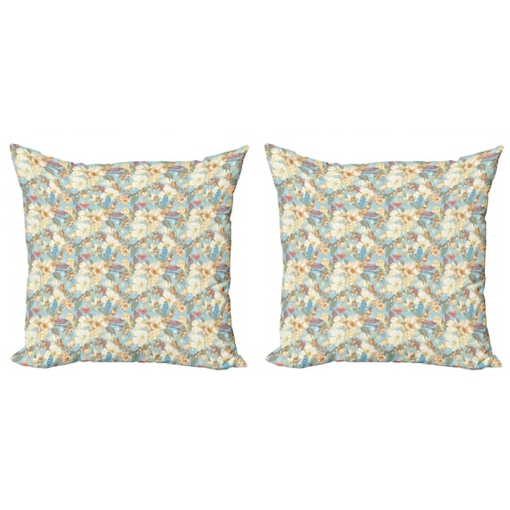 Ambesonne Shabby Flora Throw Pillow Cover 2 Pack, Vintage Garden Leaf, 16", Pale Blue Purple White