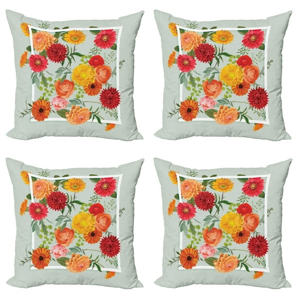Ambesonne Shabby Flora Throw Pillow Cover 4 Pack, Floral Flower Leaf, 18", Dark Coral Mustard