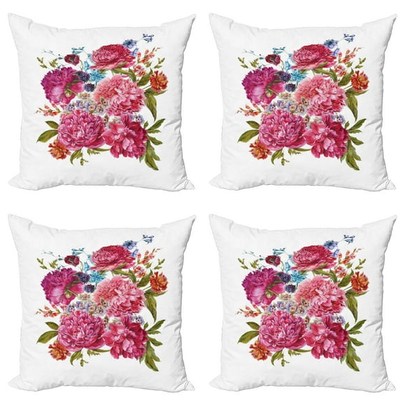 Ambesonne Shabby Flora Throw Pillow Cover 4 Pack, Gentle Summer Flora, 18", Multicolor