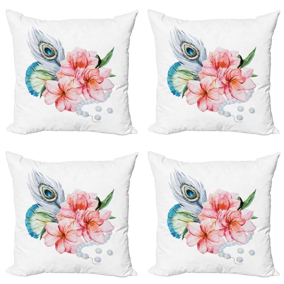 Ambesonne Shabby Flora Throw Pillow Cover 4 Pack, Peony and Peacock, 16", Multicolor
