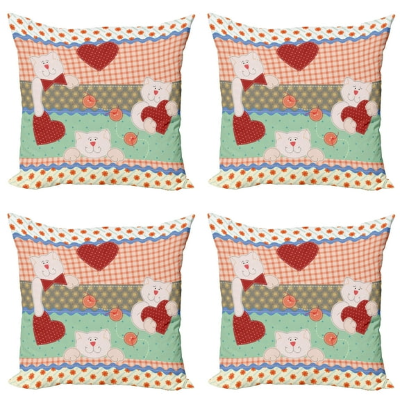 Ambesonne Shabby Flora Throw Pillow Cover 4 Pack, Teddy Bears, 18", Multicolor
