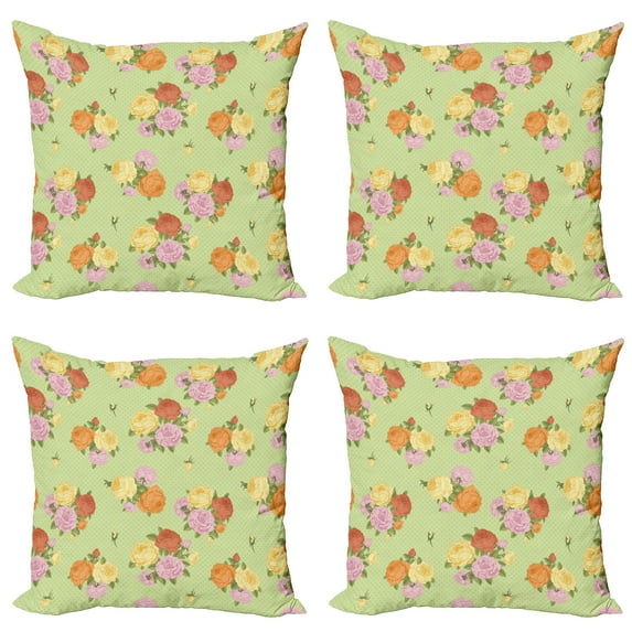 Ambesonne Shabby Flora Throw Pillow Cover 4 Pack, Vintage Flower Rose, 24", Pale Green Pale Pink