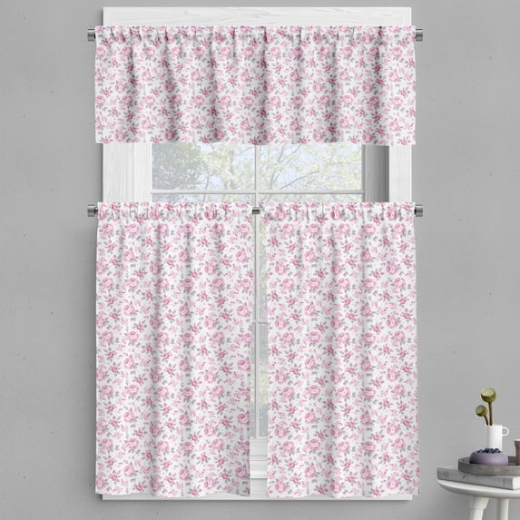 Ambesonne Shabby Flora Valance & Curtain, Pink Roses Spring, 55"x30", Pale Pink White Grey
