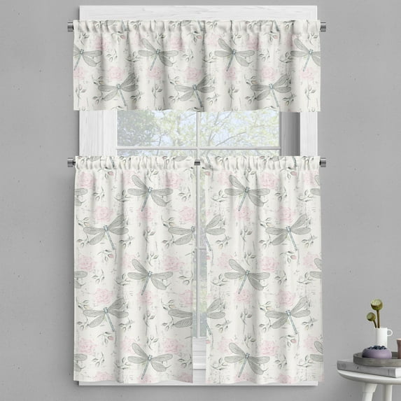 Ambesonne Shabby Flora Valance & Curtain, Vintage Dragonfly, 55"x45", Pale Pink Pale Grey