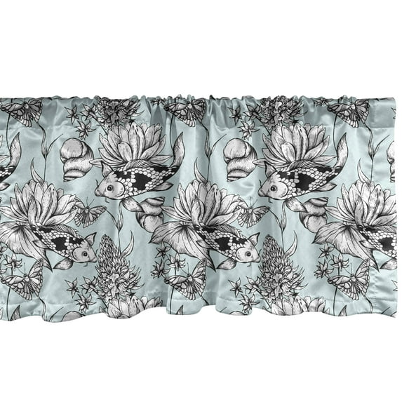 Ambesonne Shabby Flora Window Valance, Vintage Monochrome Pond Water Flowers Lily Carp Snail Twigs Artwork, Curtain Valance for Kitchen Bedroom Decor with Rod Pocket, 54" X 18", Baby Blue Black White