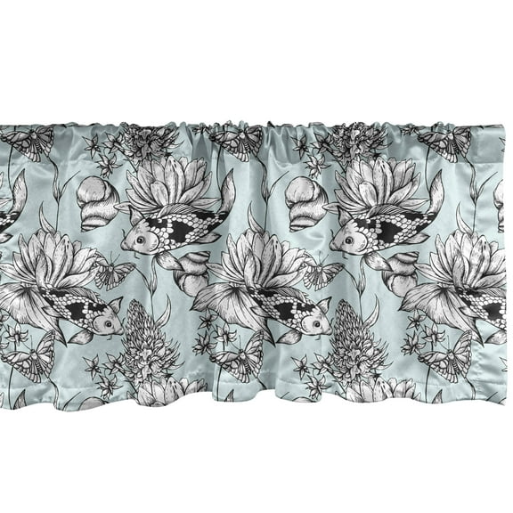 Ambesonne Shabby Flora Window Valance, Vintage Monochrome Pond Water Flowers Lily Carp Snail Twigs Artwork, Curtain Valance for Kitchen Bedroom Decor with Rod Pocket, 54" X 12", Baby Blue Black White