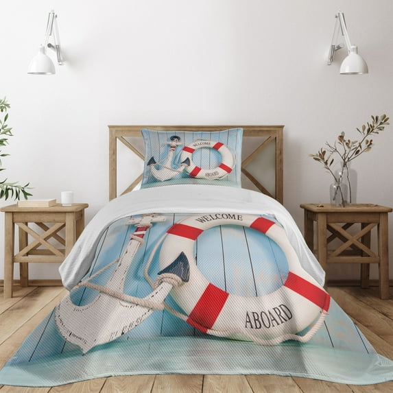 Ambesonne Shabby Quilted Coverlet 2 Pcs, Welcome Aboard Sign Anchor, Twin Size, Red Pale Blue Navy Blue