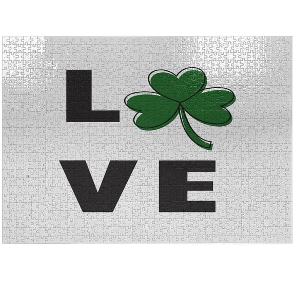 Ambesonne Shamrock Jigsaw Puzzle Durable Cardboard, Irish Clover and Love Word, 1000 pcs, Emerald Dark Grey White