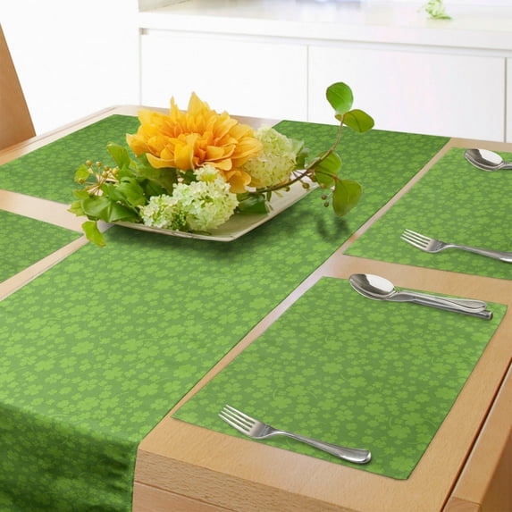 Ambesonne Shamrock Table Runner & Placemats, Irish Symbol Clover Luck, Placemat 4 pcs + Runner 14"x90", Lime Green