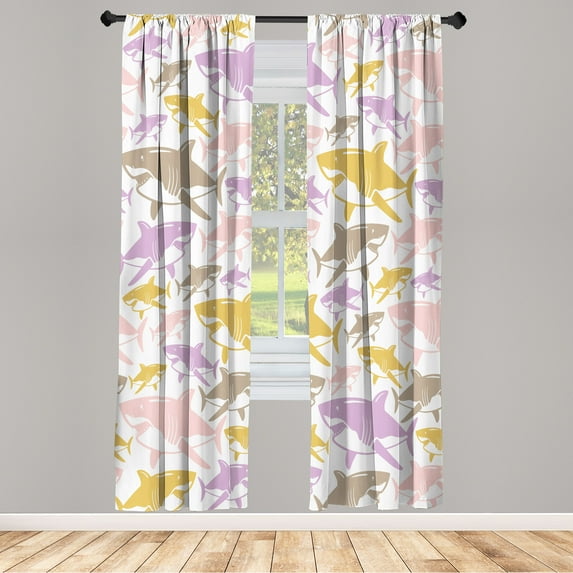 Ambesonne Shark Curtains, Colorful Underwater Fish Art, Pair of 28"x63", Pale Pink