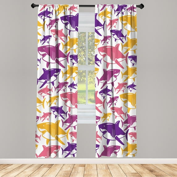 Ambesonne Shark Curtains, Colorful Underwater Fish Art, Pair of 28"x95", Earth Yellow