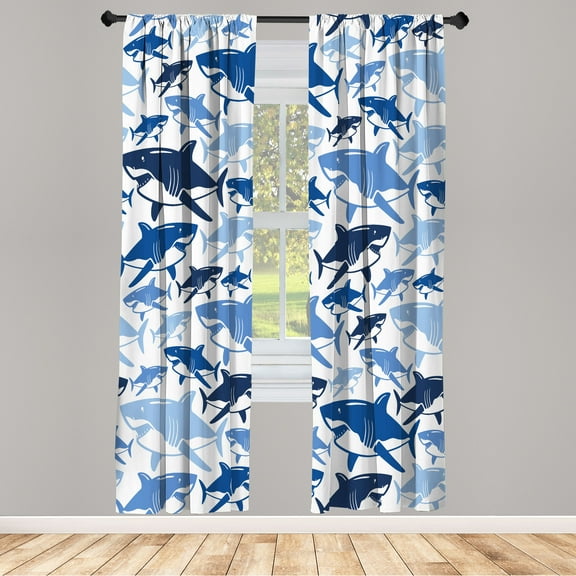 Ambesonne Shark Curtains, Underwater Fish Art Pattern, Pair of 28"x63", Navy Blue
