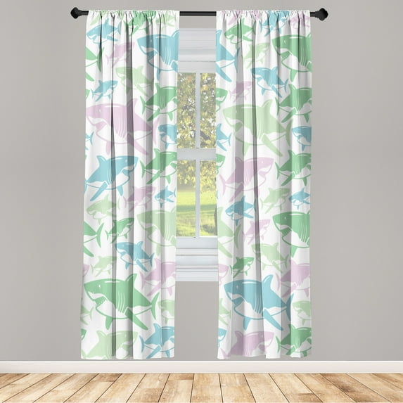 Ambesonne Shark Curtains, Underwater Fish Art Pattern, Pair of 28"x63", Pistachio Green