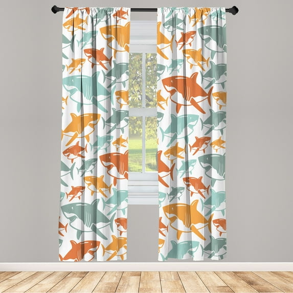 Ambesonne Shark Curtains, Underwater Fish Art Pattern, Pair of 28"x84", Burnt Orange