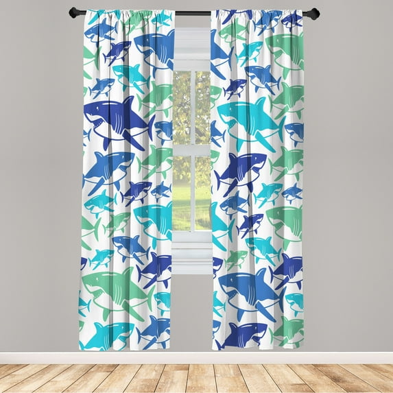 Ambesonne Shark Curtains, Underwater Fish Art Pattern, Pair of 28"x84", Dark Violet