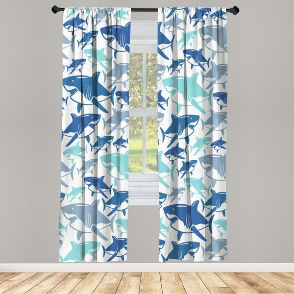 Ambesonne Shark Curtains, Underwater Fish Art Pattern, Pair of 28"x84", Mint Green