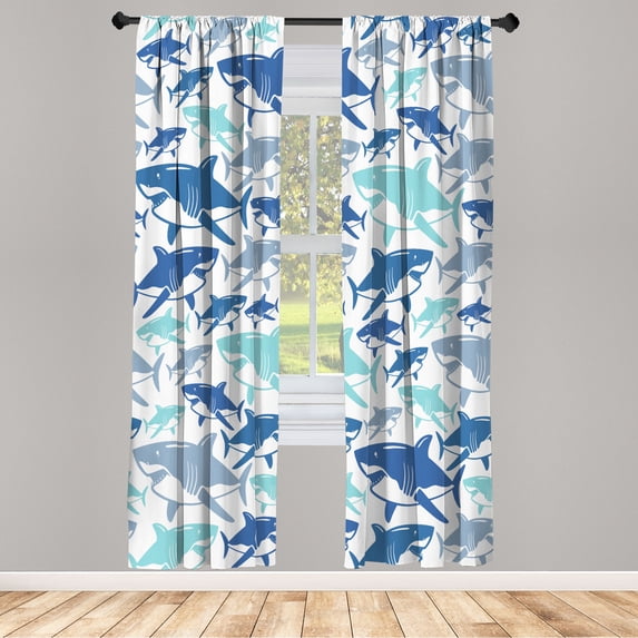 Ambesonne Shark Curtains, Underwater Fish Art Pattern, Pair of 28"x84", Mint Green