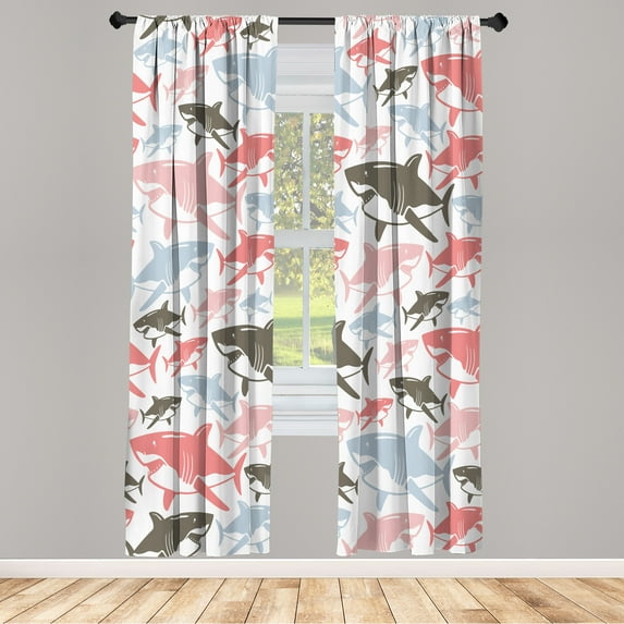 Ambesonne Shark Curtains, Underwater Fish Art Pattern, Pair of 28"x95", Coral Rose