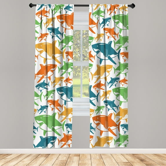 Ambesonne Shark Curtains, Underwater Fish Art Pattern, Pair of 28"x95", Lime Green