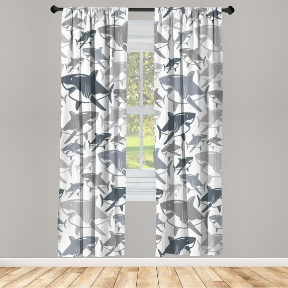 Ambesonne Shark Curtains, Underwater Fish Art Pattern, Pair of 28"x95", Taupe Grey