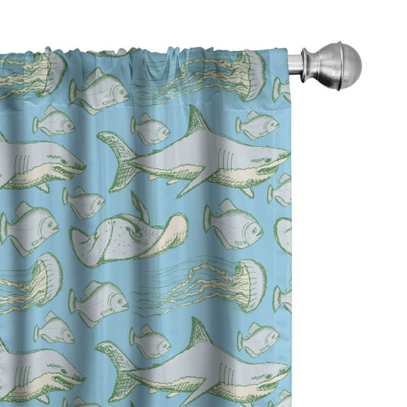 Ambesonne Shark Curtains, Vintage Sea Creatures, Pair of 28"x84", Pale Blue Grey Green