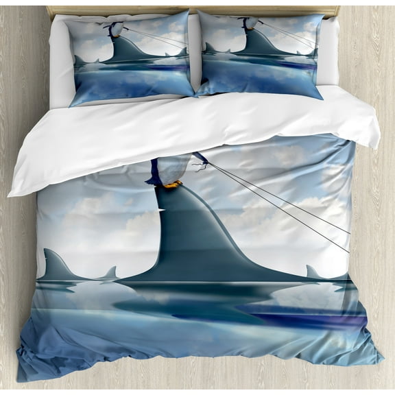 Ambesonne Shark Duvet Cover Set, Penguin Holding Wild Fish, King, Blue Grey Dust