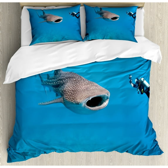 Ambesonne Shark Duvet Cover Sets, Giant Fish Ocean Diving, 2-Queen, Violet Blue Pale Grey