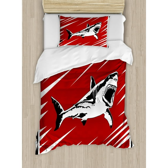 Ambesonne Shark Duvet Cover Sets, Killer Ocean Creature, 2-Twin, Black White Burnt Sienna