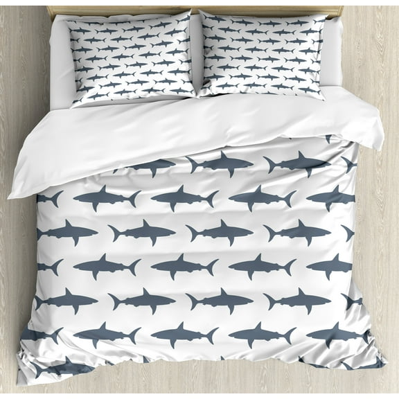 Ambesonne Shark Duvet Cover Sets, Swimming Wild Fishes, 2-Queen, Charcoal Grey White