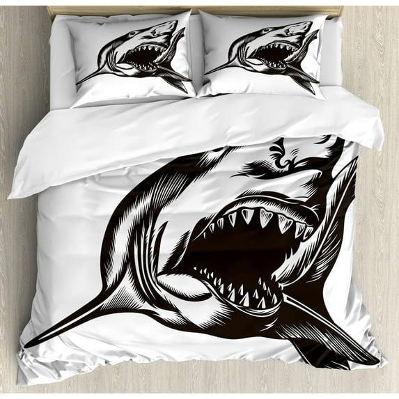 Ambesonne Shark Duvet Cover Sets, Wild Fish with Open Mouth, 2-King, Dark Grey White