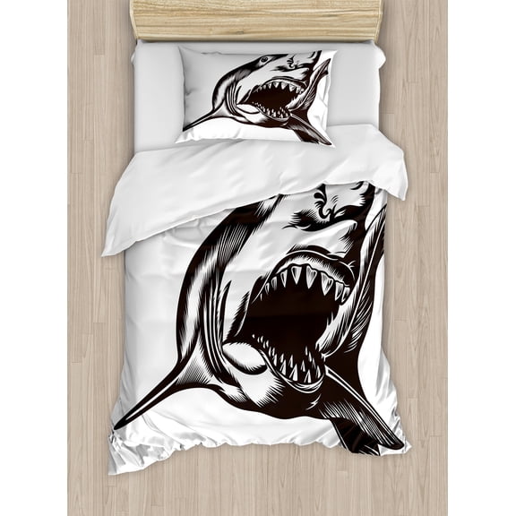 Ambesonne Shark Duvet Cover Sets, Wild Fish with Open Mouth, 2-Twin, Dark Grey White