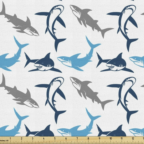 Ambesonne Shark Fabric by the Yard Upholstery, Dangerous Deep Seas, 1 Yard, Blue Navy Blue Grey