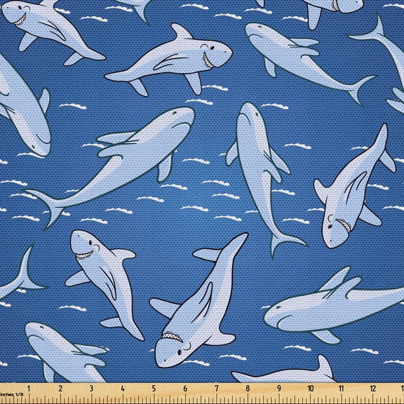 Ambesonne Shark Fabric by the Yard Upholstery, Smiling Carnivore Motifs Art, 1 Yard, Sea Blue Pale Ceil Blue