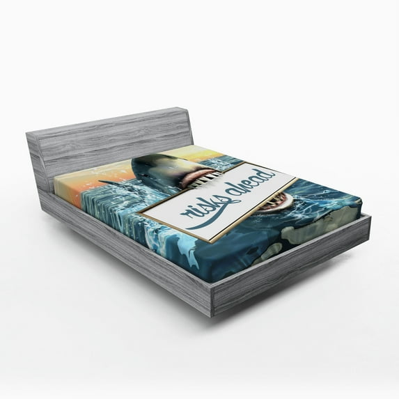 Ambesonne Shark Fitted Sheet, Dangerous Fish Holds Plaque, Queen Size, Multicolor
