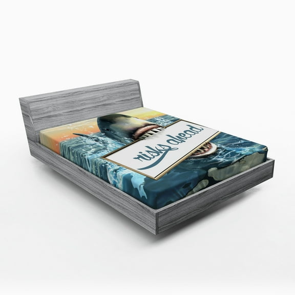 Ambesonne Shark Fitted Sheet, Dangerous Fish Holds Plaque, Queen Size, Multicolor