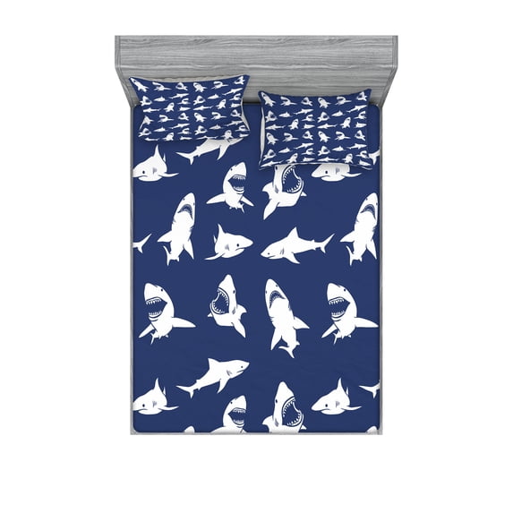 Ambesonne Shark Fitted Sheet & Pillow Sham Set, Various Gestures Humorous, Full, Violet Blue White
