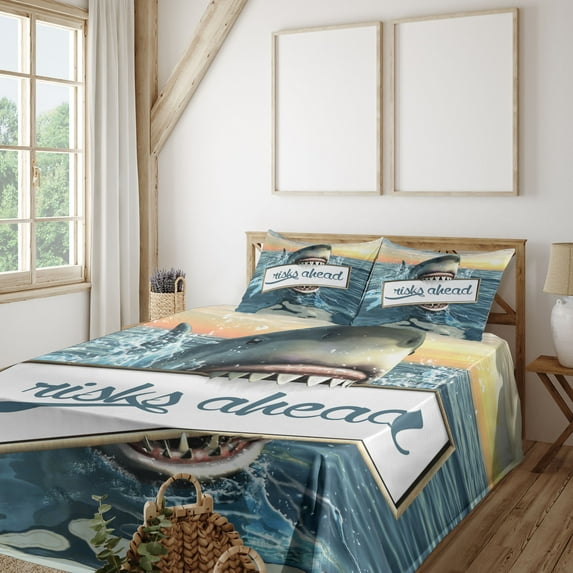 Ambesonne Shark Fitted & Top Sheet Set with Shams, Dangerous Fish Holds Plaque, Multicolor