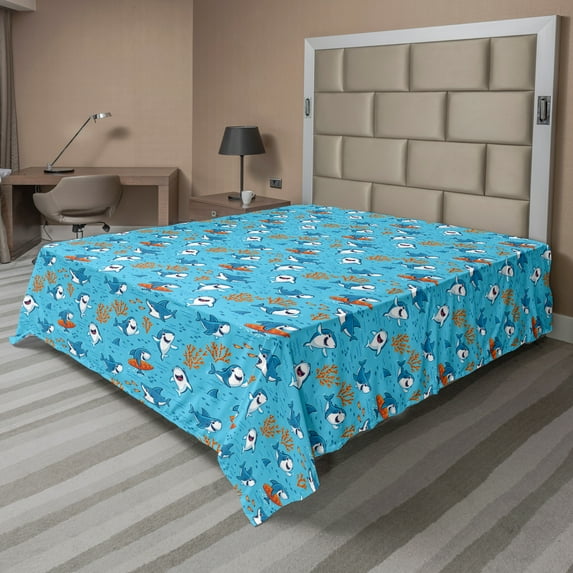 Ambesonne Shark Flat Sheet, Underwater Funny World, California King, Blue White Orange