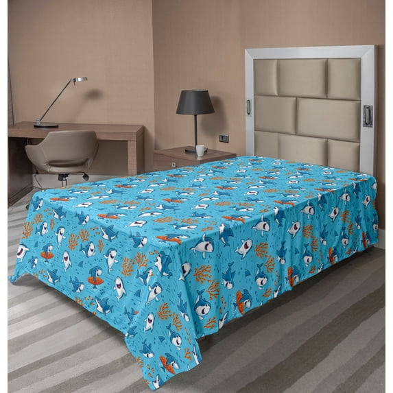 Ambesonne Shark Flat Sheet, Underwater Funny World, TwinXL Size, Blue White Orange