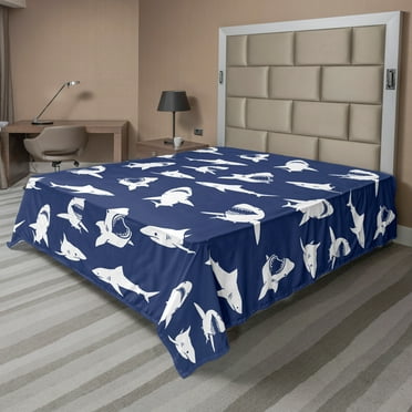 Ambesonne Shark Flat Sheet, Various Gestures Humorous, California King, Violet Blue White